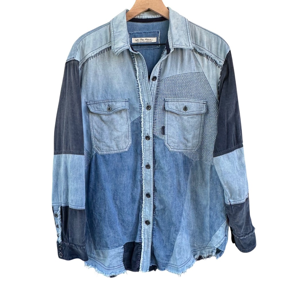 Free People We The Free Mixed Media Patchwork Denim Corduroy Oversized Shirt S